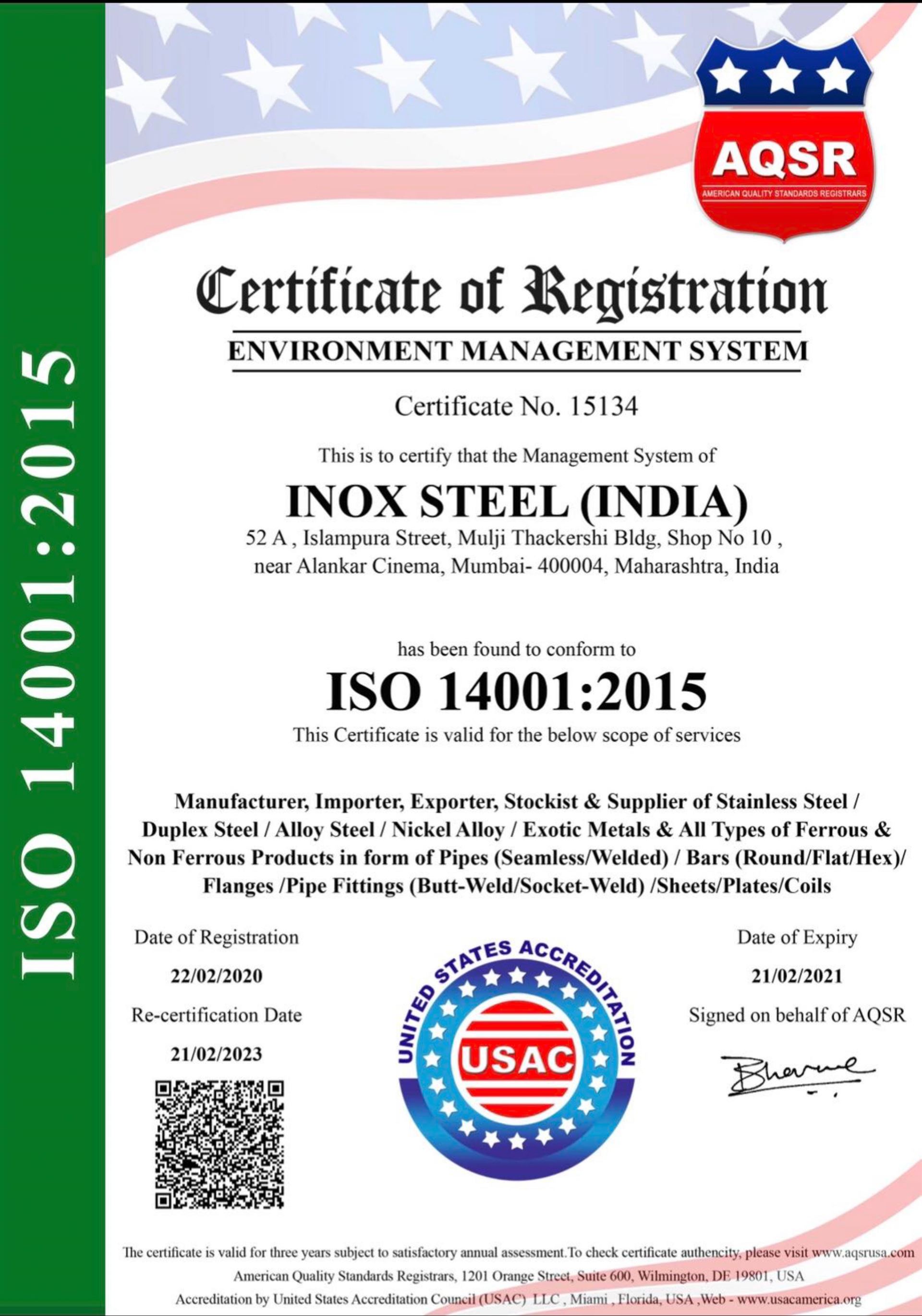 ISO 14001:2015 Certificate