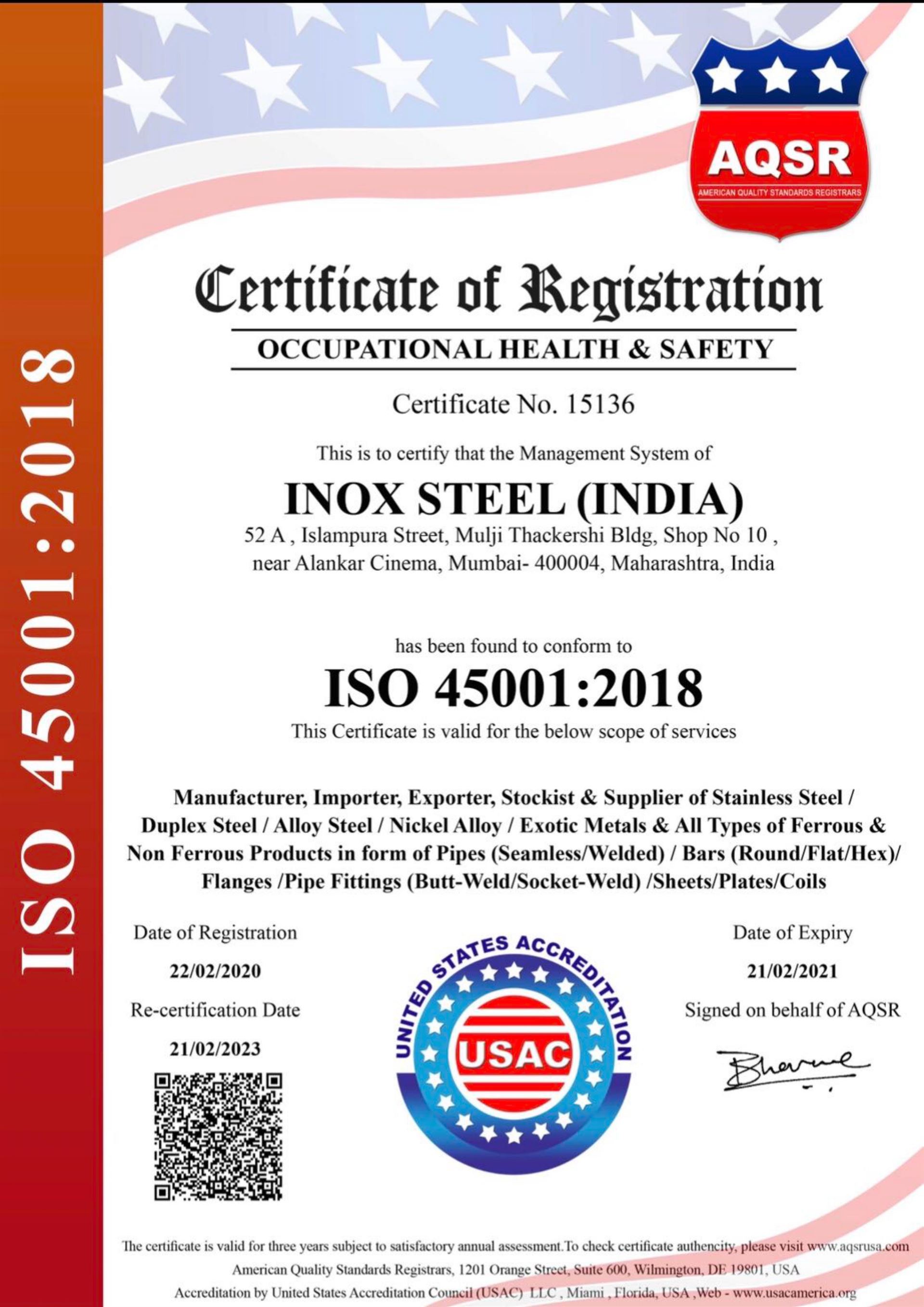 ISO 45001:2015 Certificate